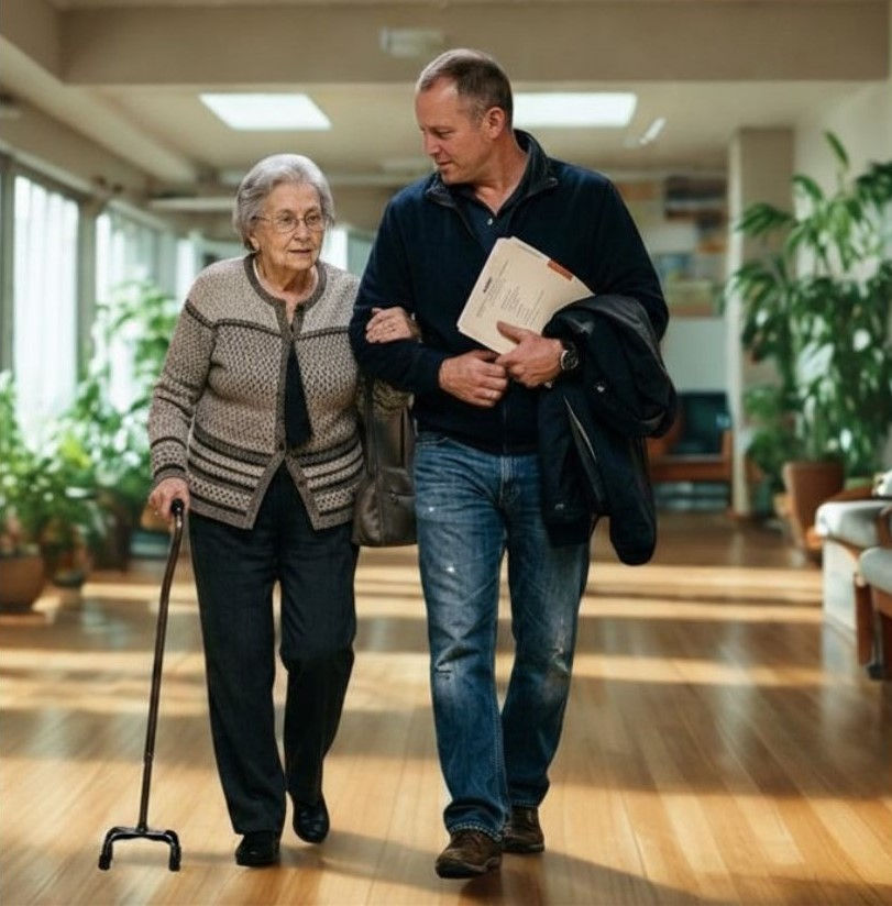 Older adult walking with her son after a routine appointment, illustrating how home care helps preserve independence before a crisis.