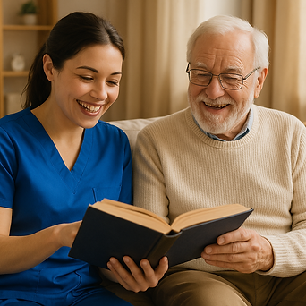 Caregiver and elderly client sharing a lighthearted moment while reading a book together, highlighting connection