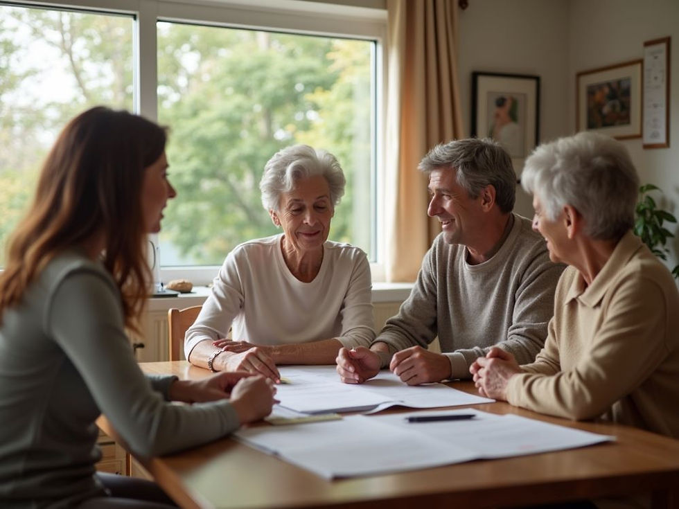 A-respectful scne of a care manager discussing care options with a lcoal fmaily in a home setting.