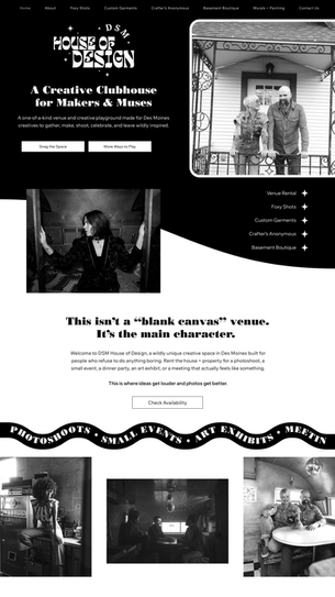 A website page for booking creative venue rentals in Des Moines showing options for photo shoots, intimate events, and editorial sessions with a clear call to action button.