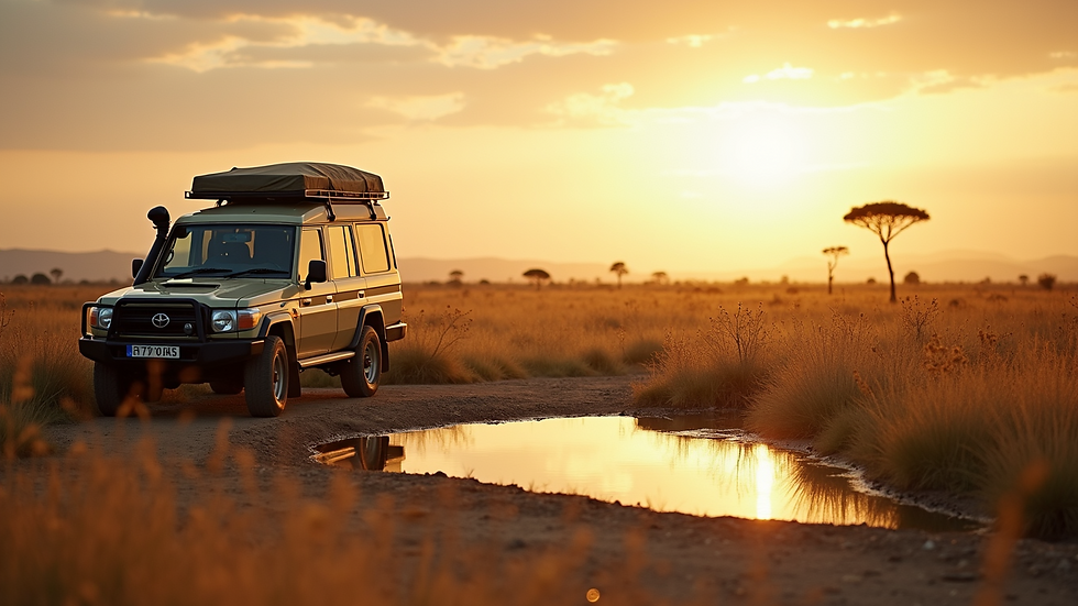 Eye-level view of a safari jeep parked near a watering hole in the Serengeti