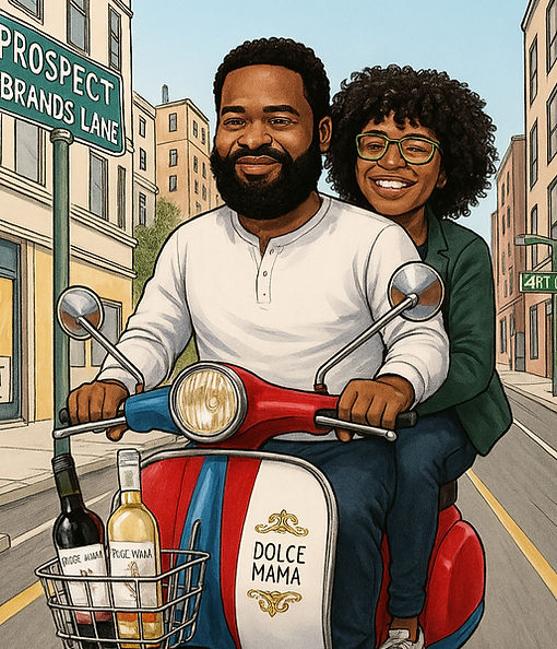 Mother and son ride a scooter with Dolce Mama wines in the basket, heading to the beach at sunset — sweet vibes, sweeter wine