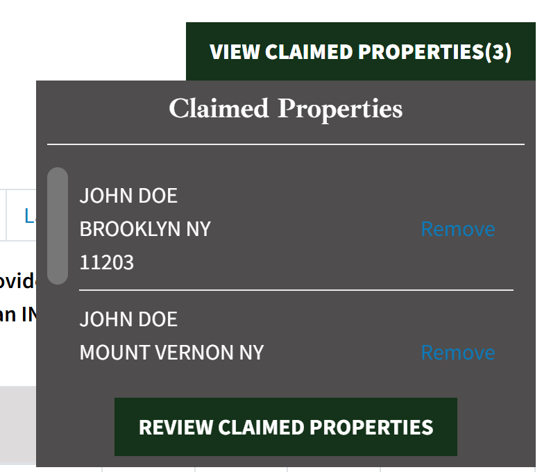 A screenshot of the unclaimed properties "shopping cart"