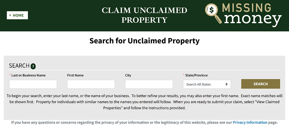 missingmoney.com search screen