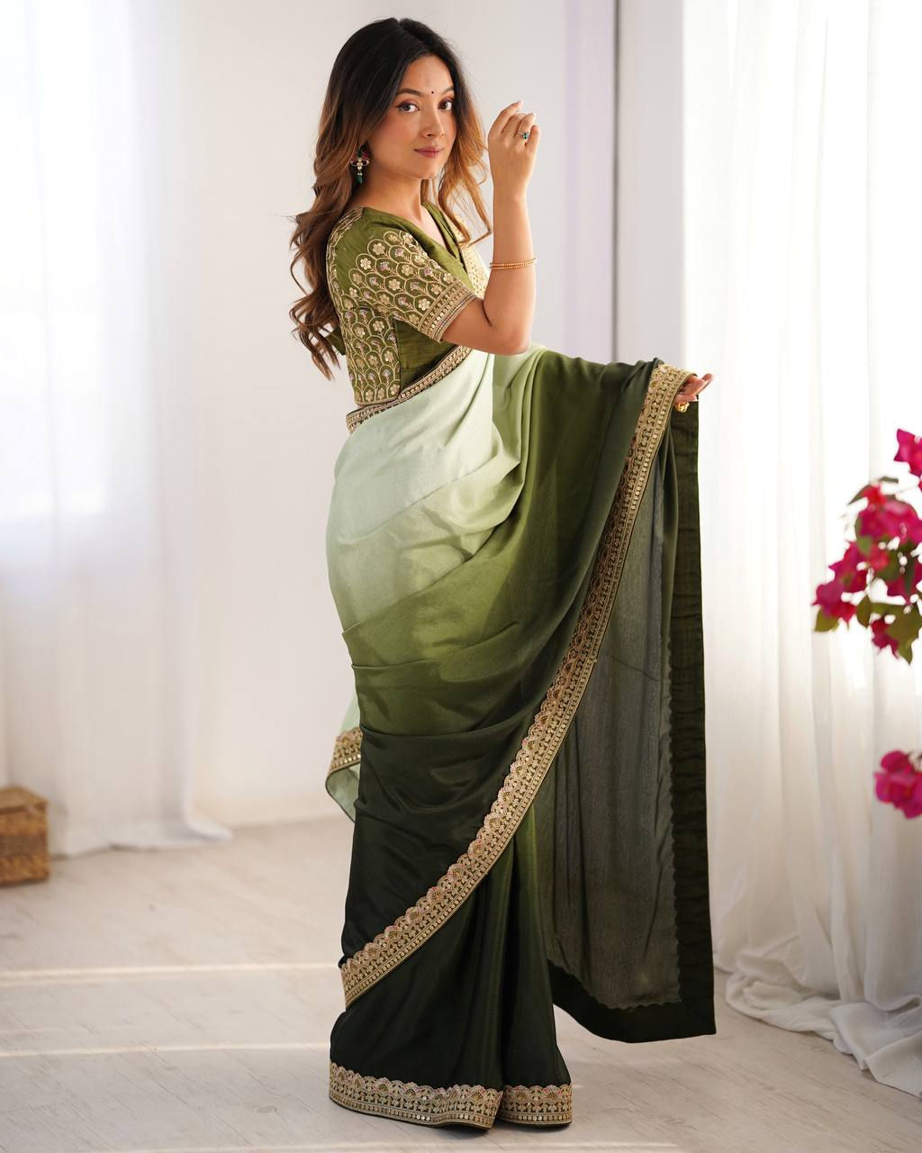 Pista With Green Color Festive Wear Thread With Sequence Work Saree