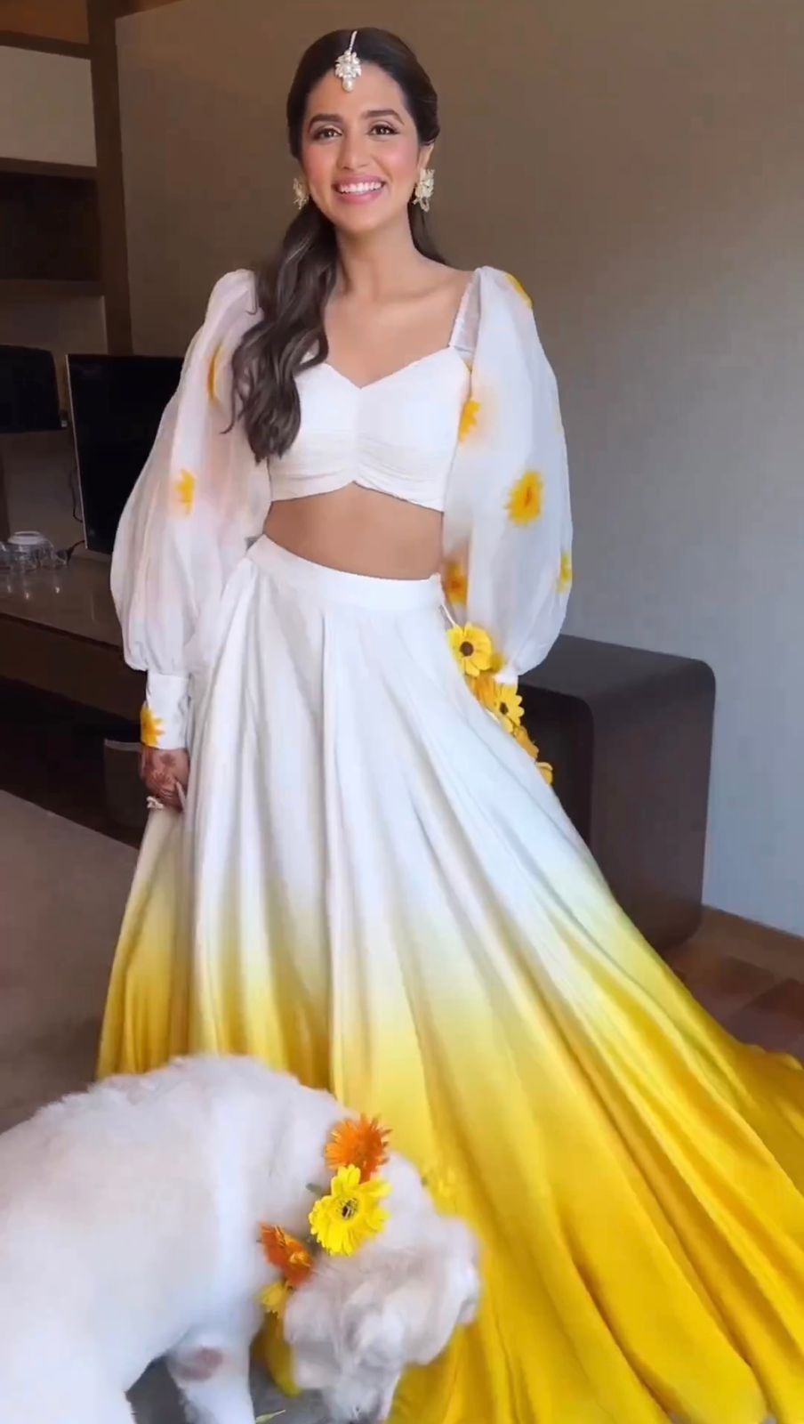 Satin Silk Haldi Function Wear Soft Yellow White Lehenga For Women