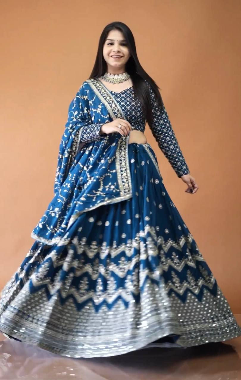Rama Colour Heavy Gergette With Embroidery Work Lehenga Choli