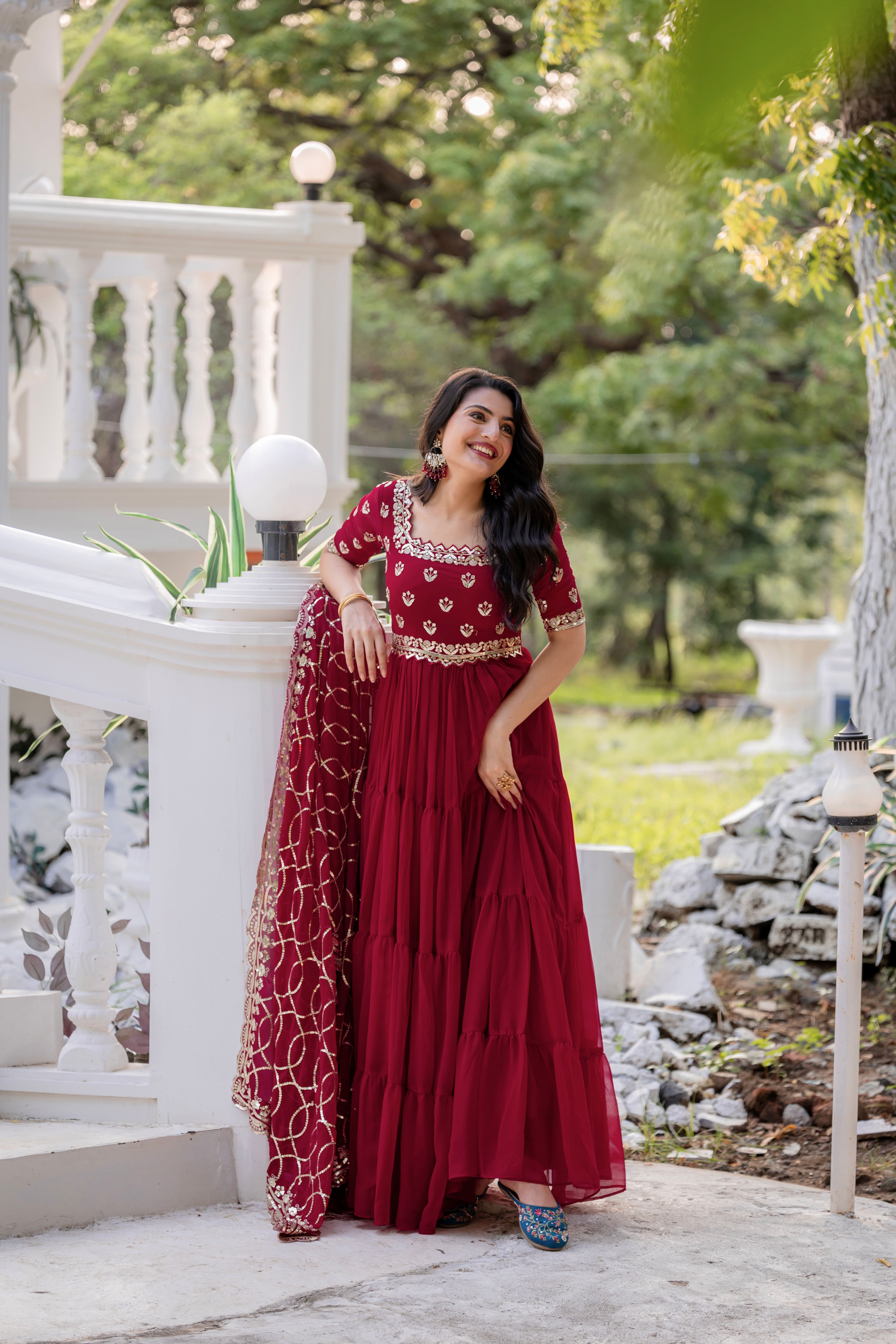 Attractive Red Colour Foux Georgette With Embroidery Work Gown
