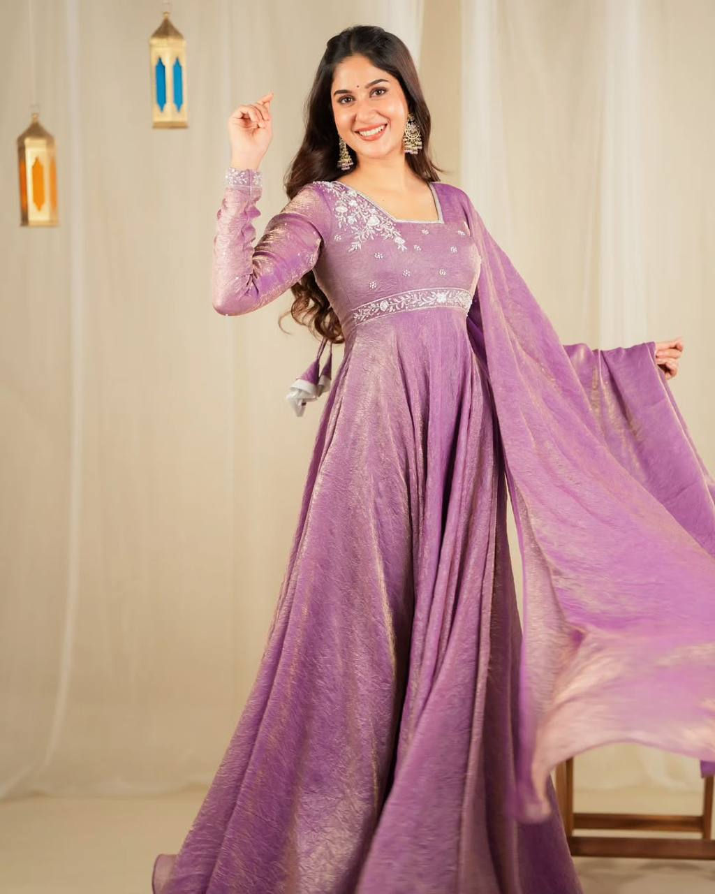 Pretty Purple Colour Heavy Sequence With Rivet Moti Embroidery Work Gown