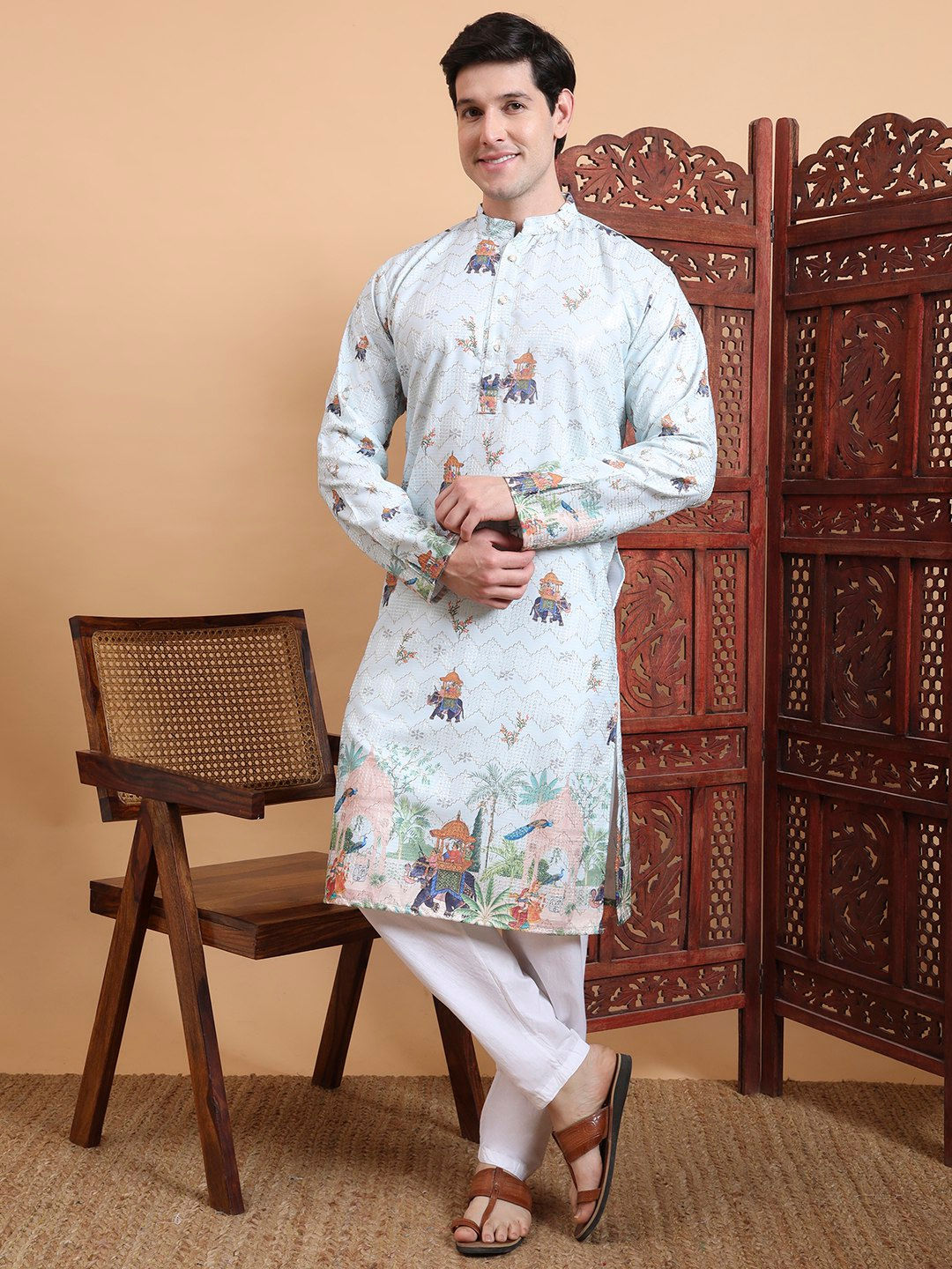Light Sky Blue Crochet With Sequence And Digital Printed Kurta And Pajama