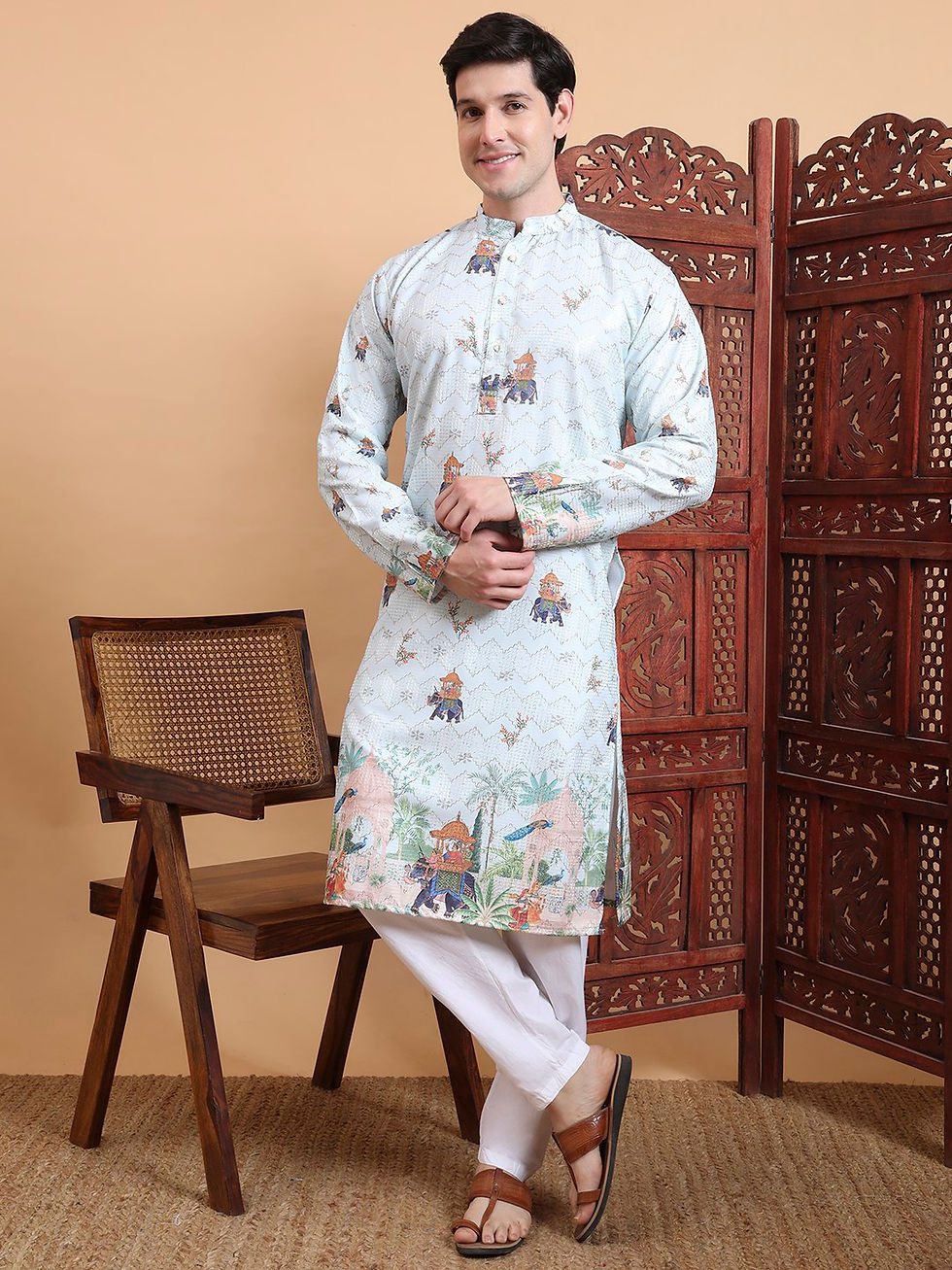 Light Sky Blue Crochet With Sequence And Digital Printed Kurta And Pajama