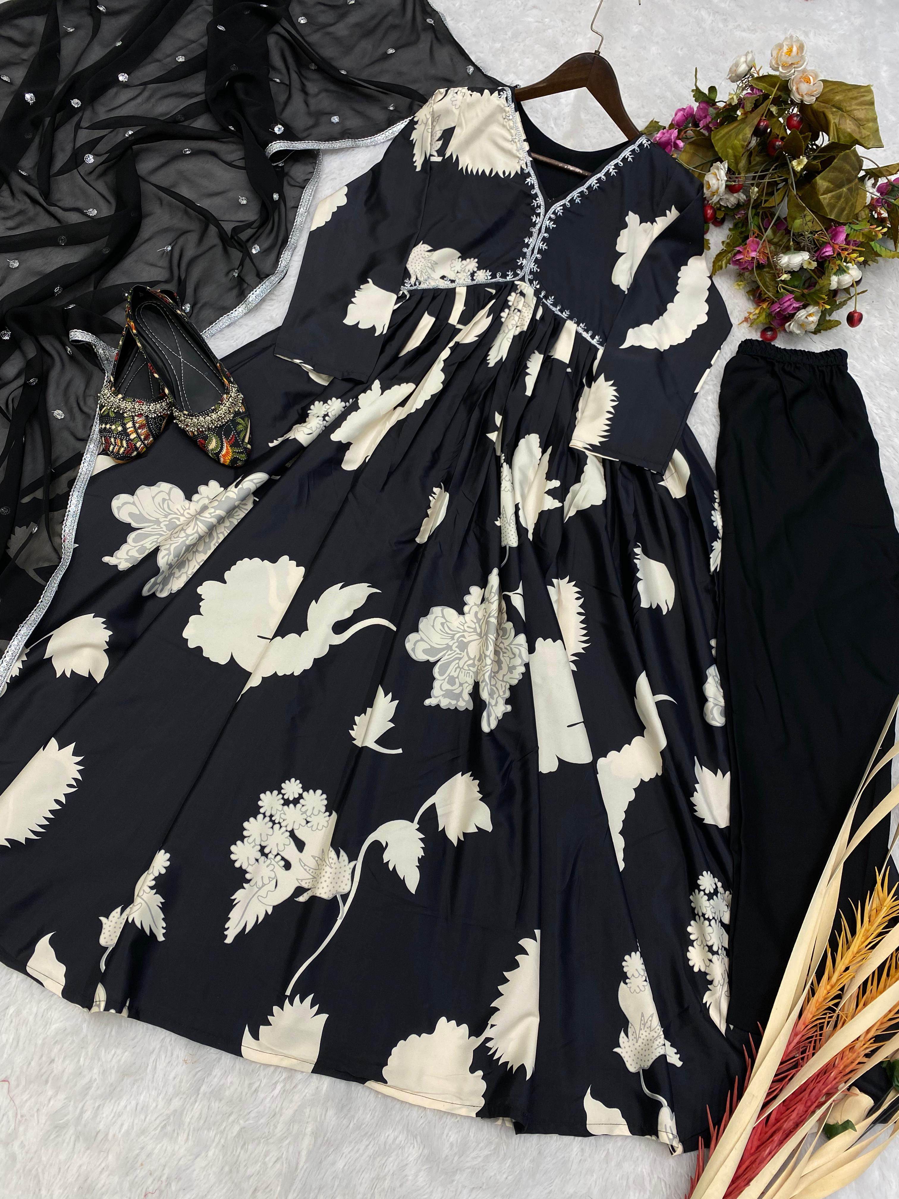 Black Designer Digital Printed Wear Long Dress For Girls