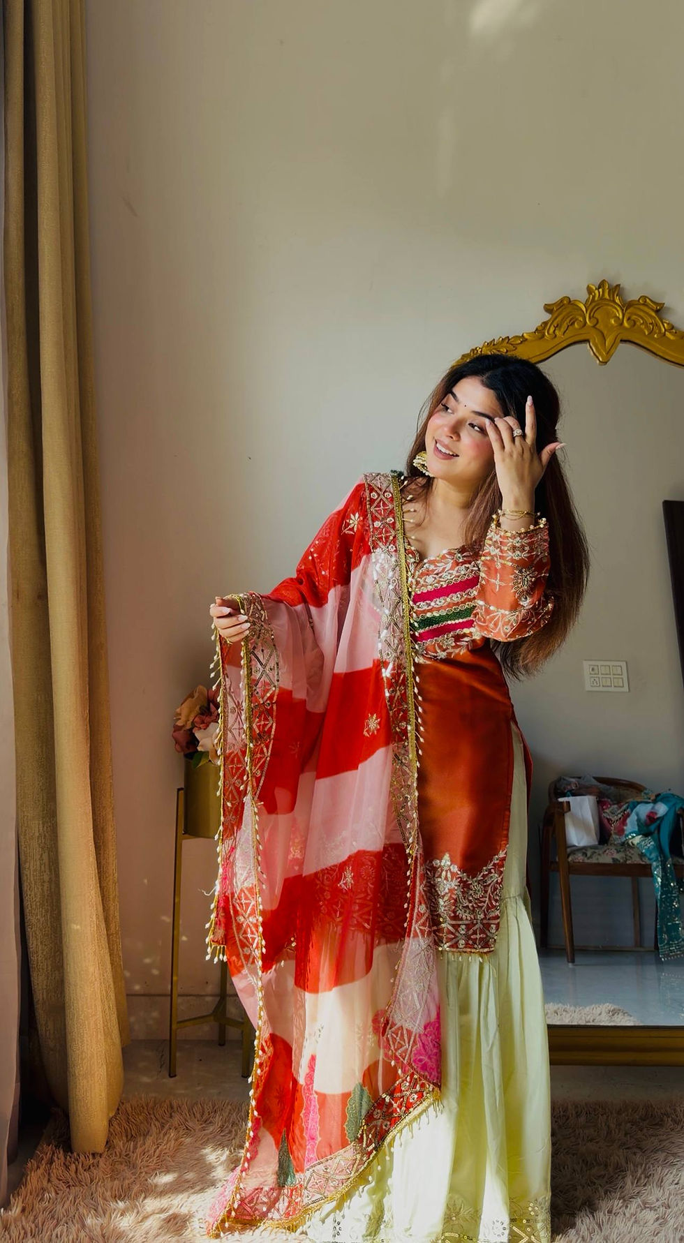 Thumbnail: Designer Orange And Cream Color Sharara With Multi Color Dupatta