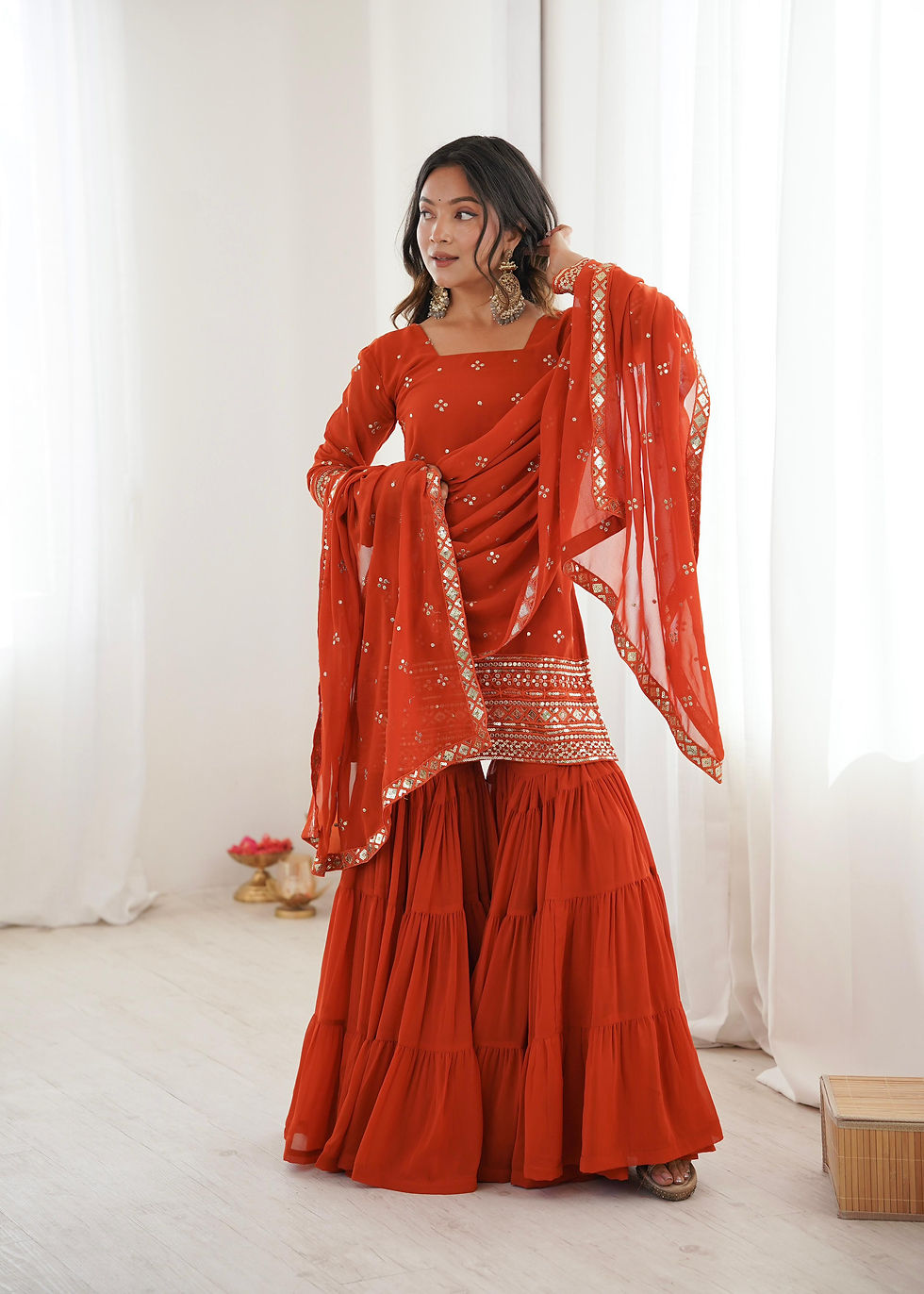 Orange Color Georgette With Embroidery And Sequence Work Sharara Suit