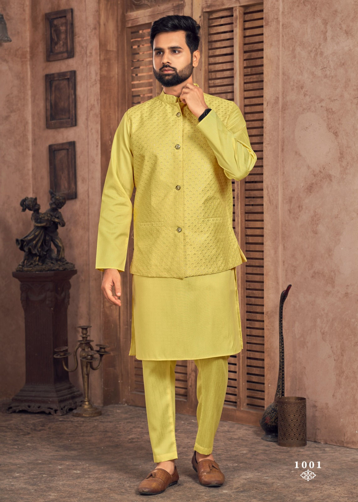 Yellow Banglori Silk With Embroidery And Sequence Work Jacket For Men's Wear
