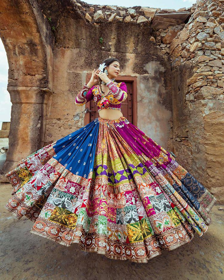 Thumbnail: Multi Colour Embroidery With Mirror Work Navratri Wear Lehenga Choli