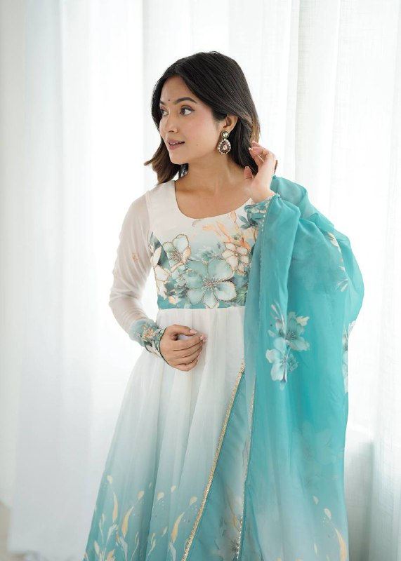 Thumbnail: White Green Color Anarkali Three Piece Suit With Dupatta