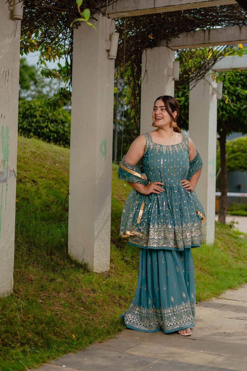 Beautiful Grey Color Kurti With Plazzo In Sequence Work