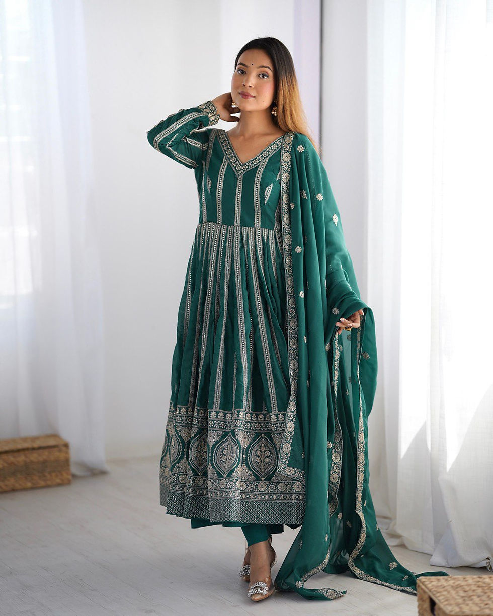 Heavy Georgette With Sequence Work Green Color Anarkali Suit