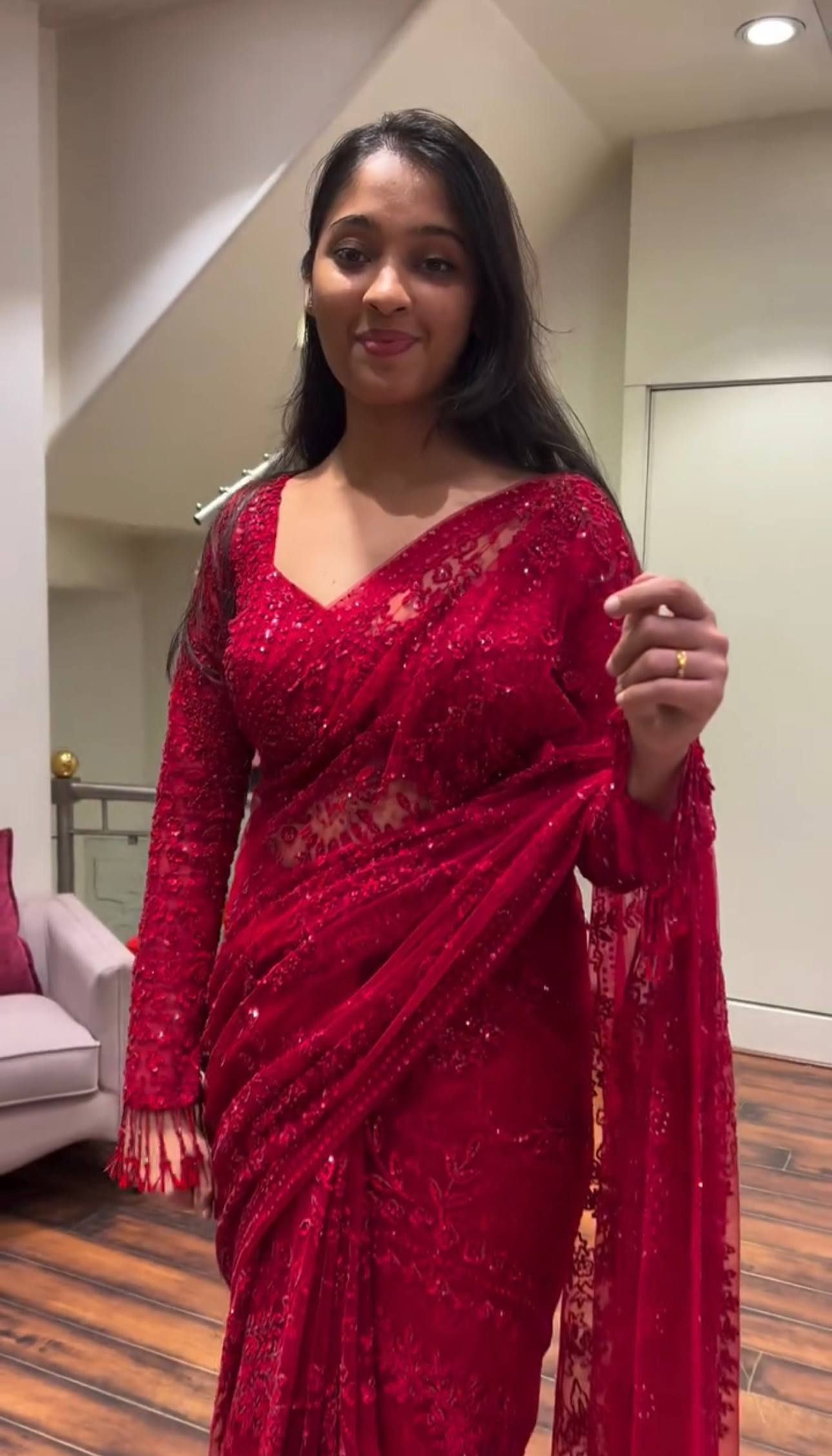 Stylish Red Color Fancy Sequence Work Saree Party Wear