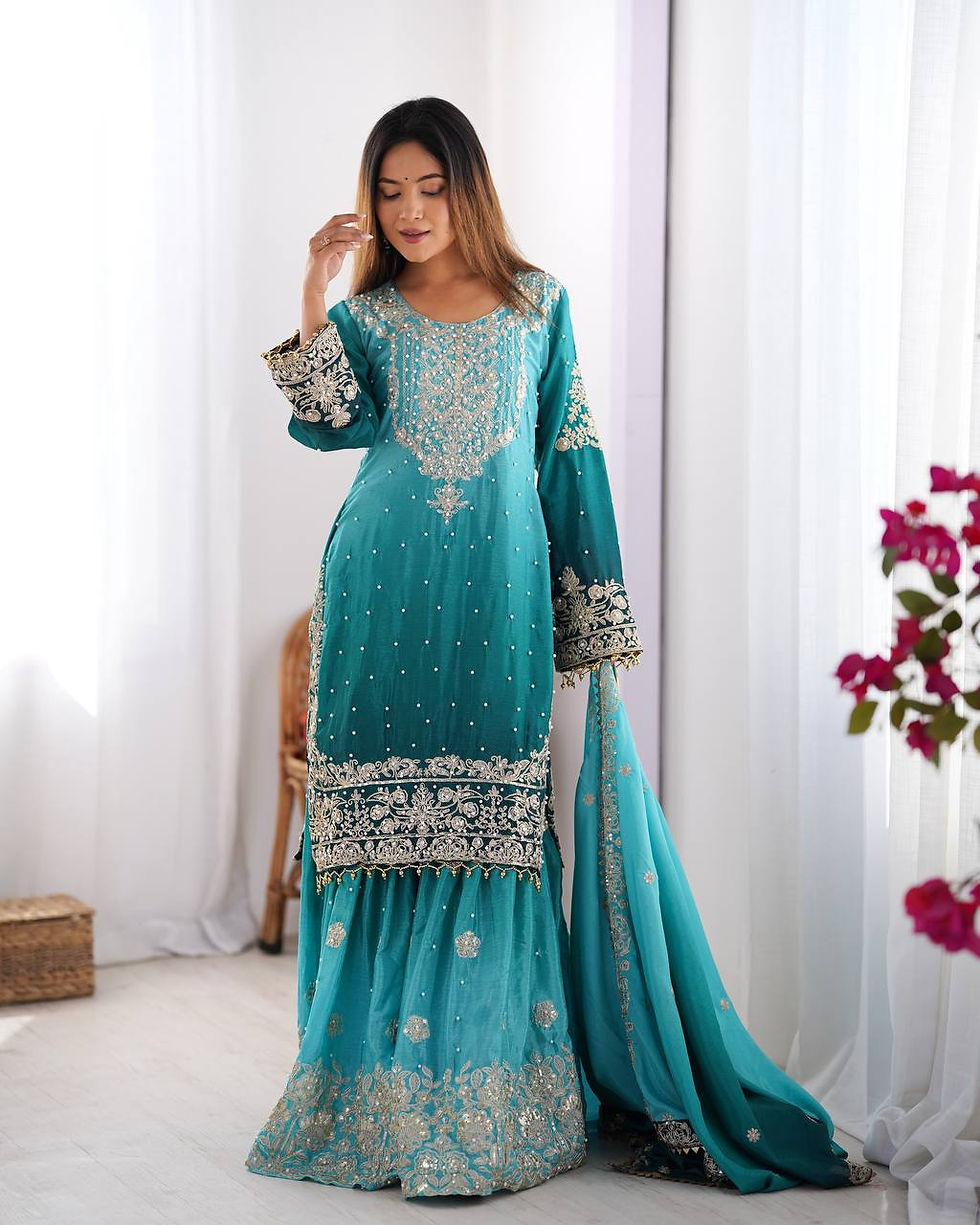 Thumbnail: Wedding Wear Sky Blue Sharara Suit