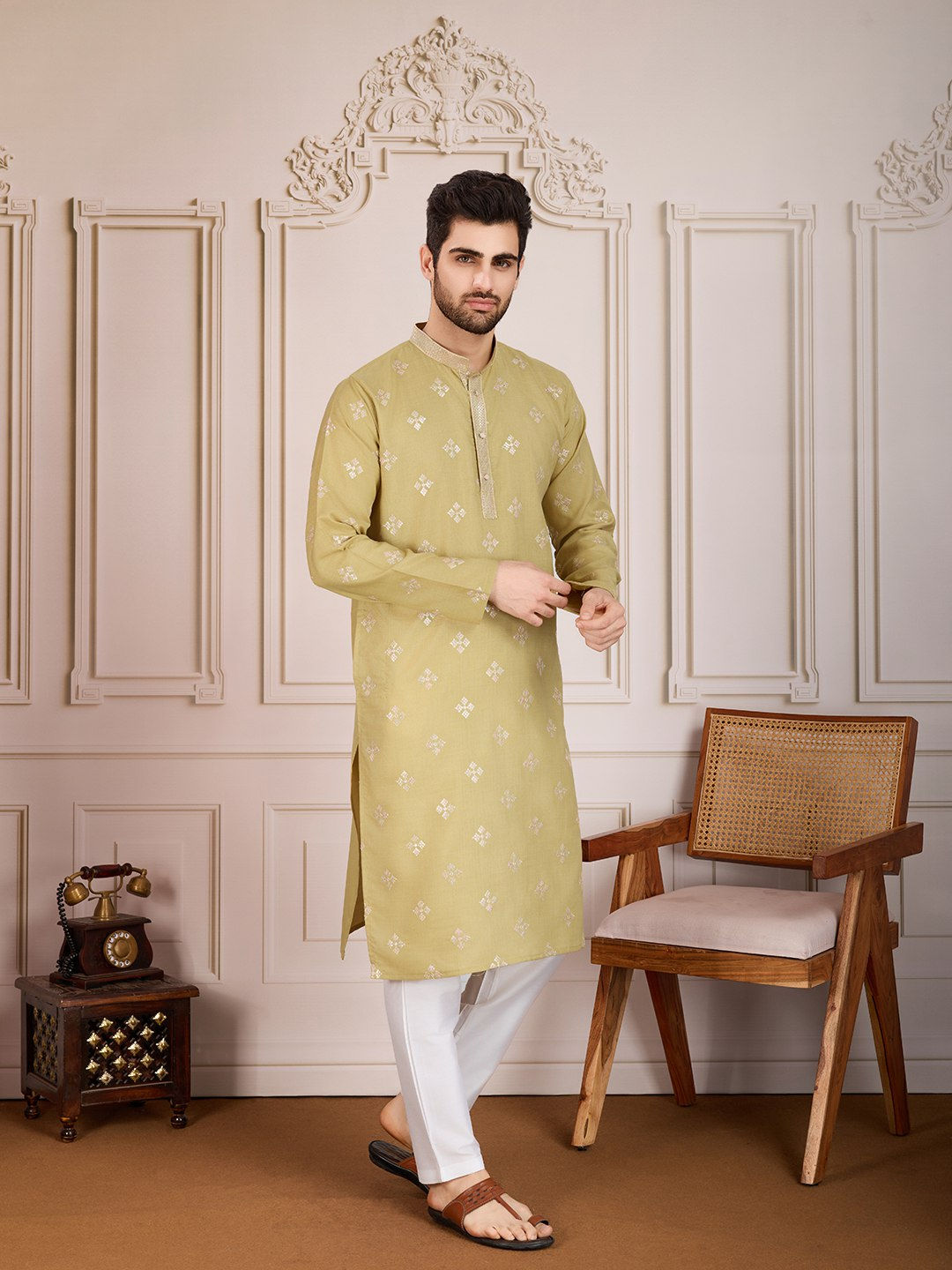 Fabulous Embroidery Work Men's Cotton Kurta And Pajama