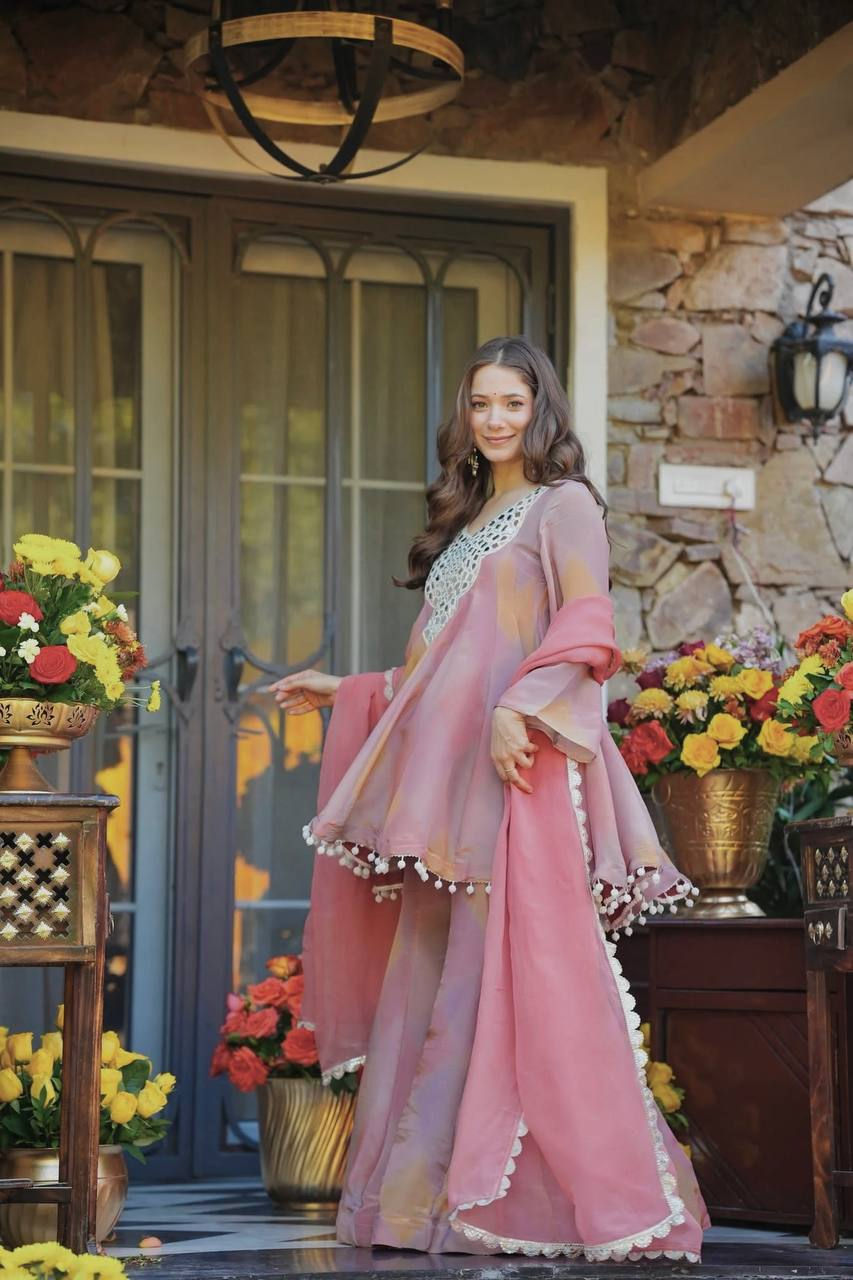 Beautiful Light Pink Color Mirror With Sequence Work Sharara Suit