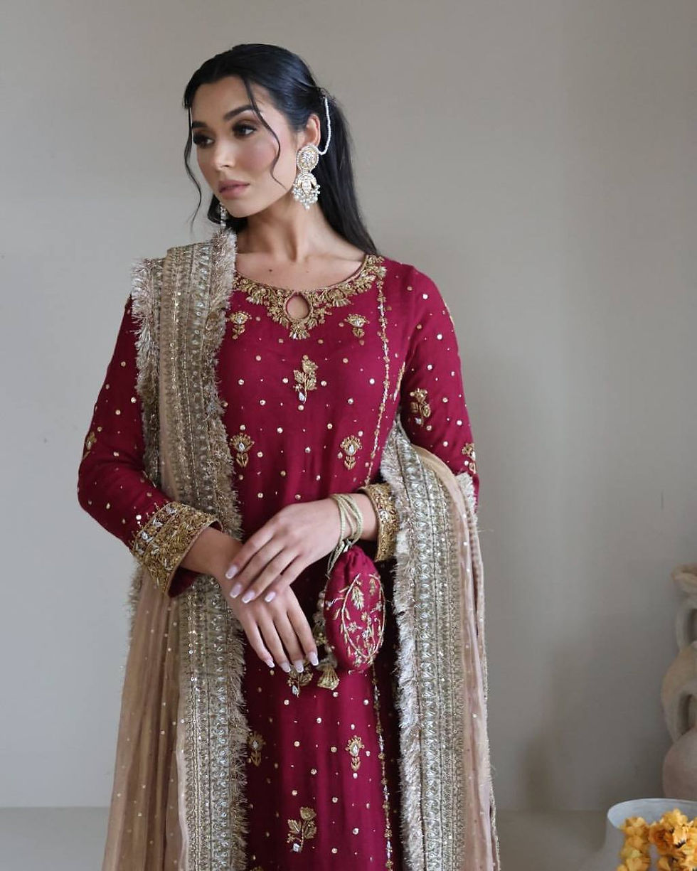 Designer Red Colour Thread With Heavy Sequence Work Plazzo Suit