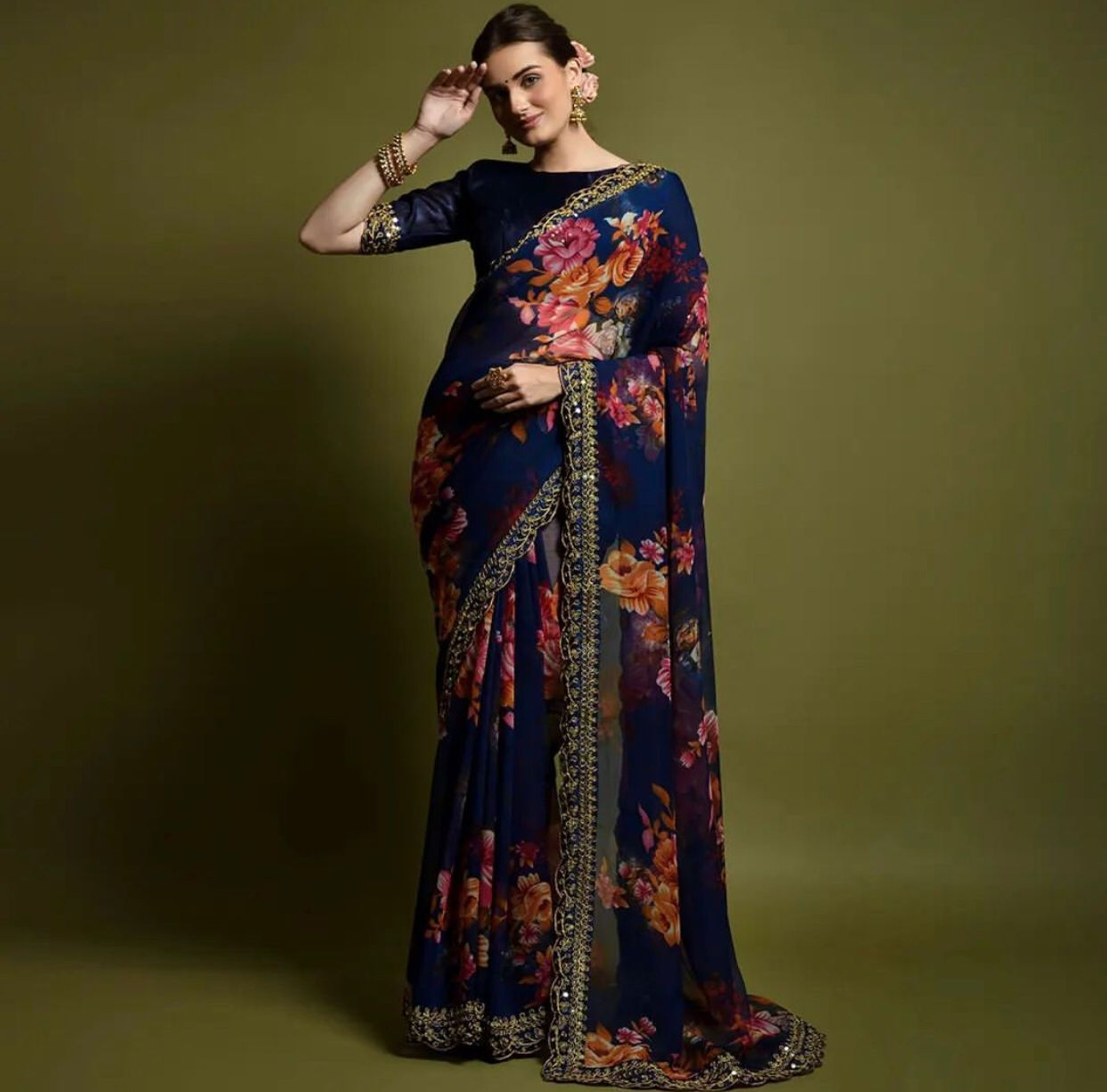 Blue Color Georgette With Digital Printed Designer Saree