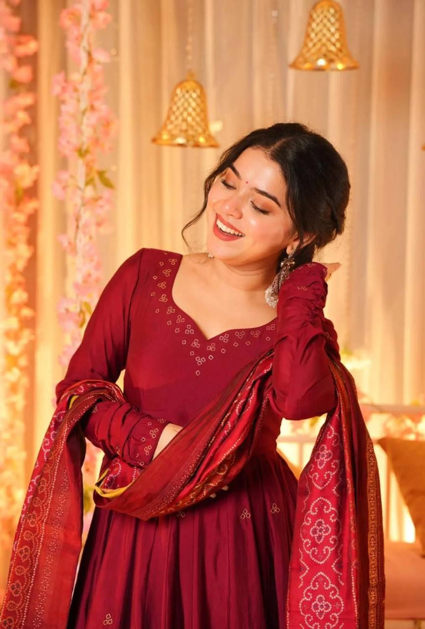 Red Color Chinon Silk With Embroidery Work Plazoo Suit For Women