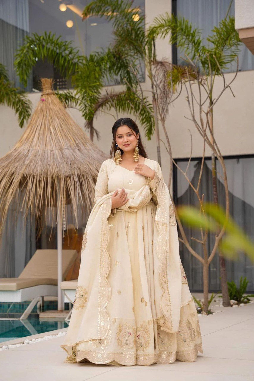 Cream Color Chinon Silk With Coding And Sequence Work Gown With Dupatta
