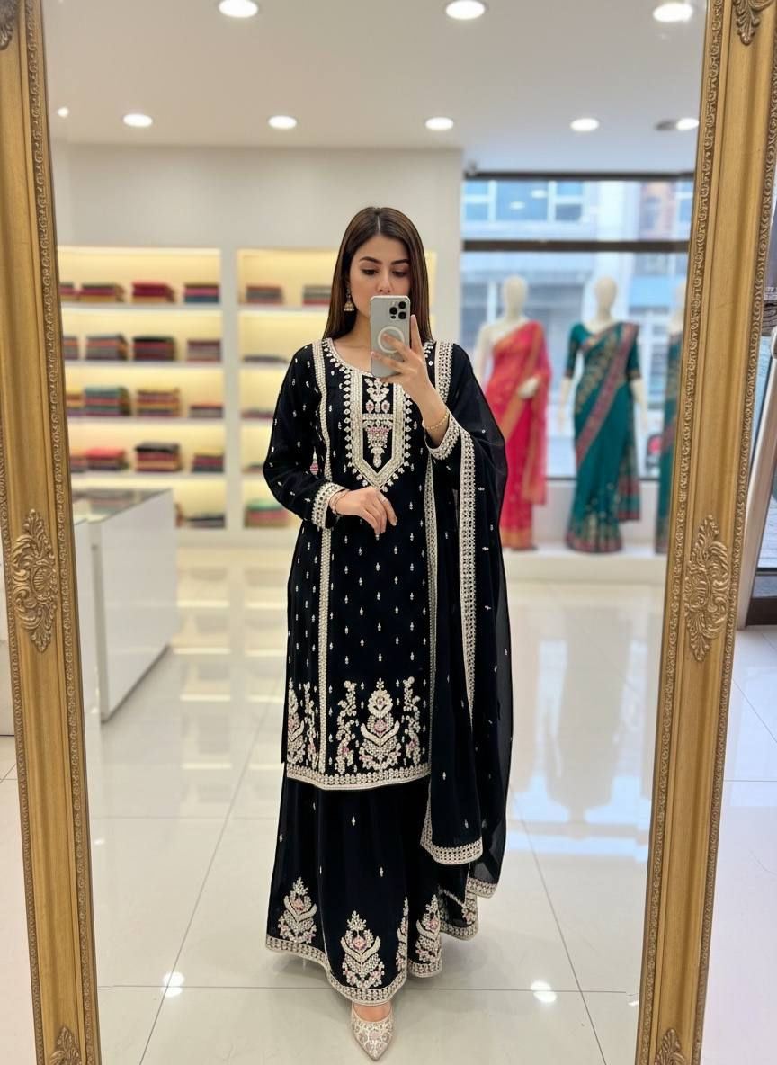 Fantastic Black Color Embroidery With Sequence Work Sharara Suit