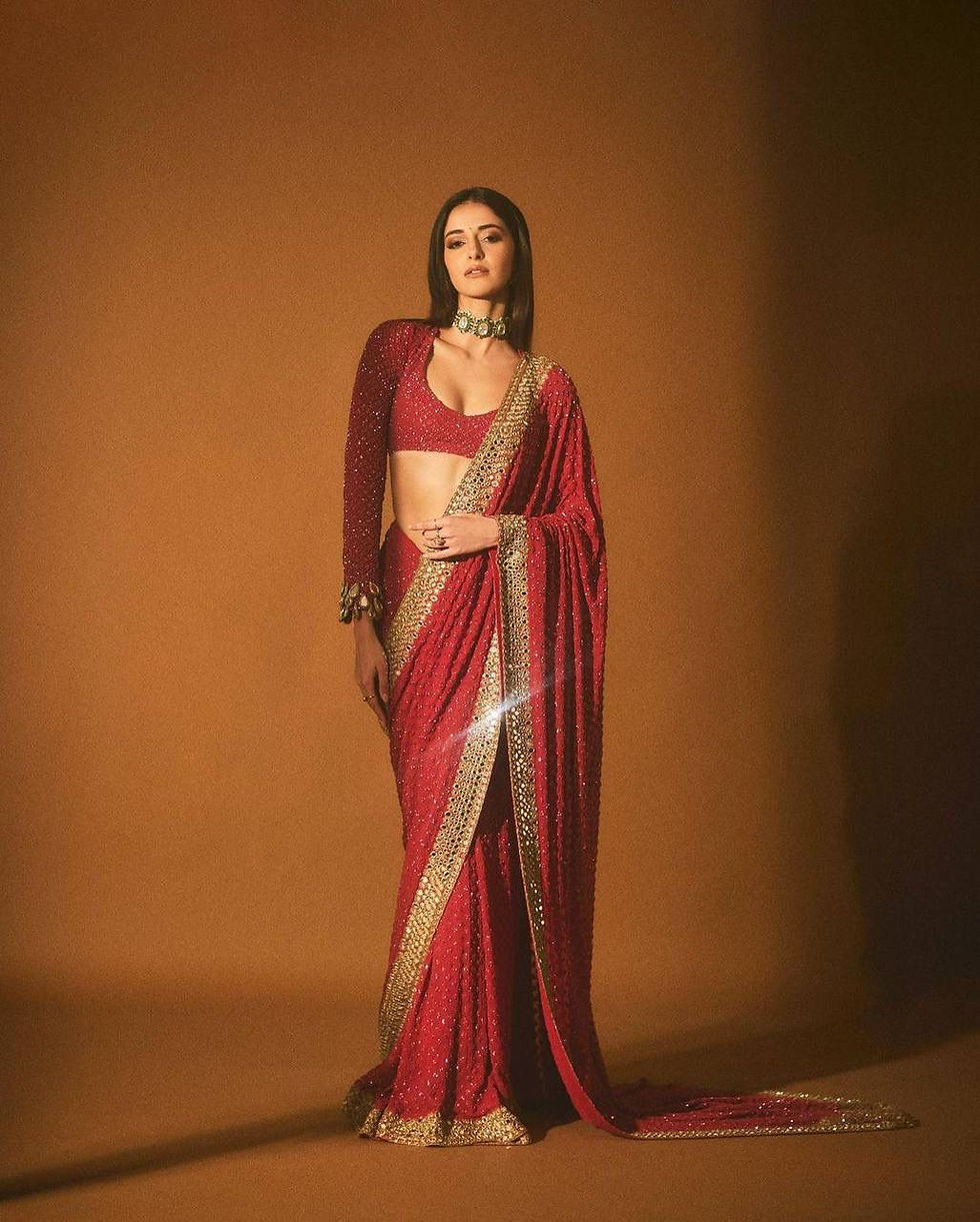 Thumbnail: Bollywood Style Ananya Pandey in Red Colour Saree