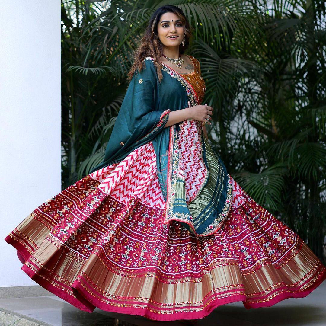 Classic Multi Colour Digital Print Butter Silk With Real Mirror Work Lehenga