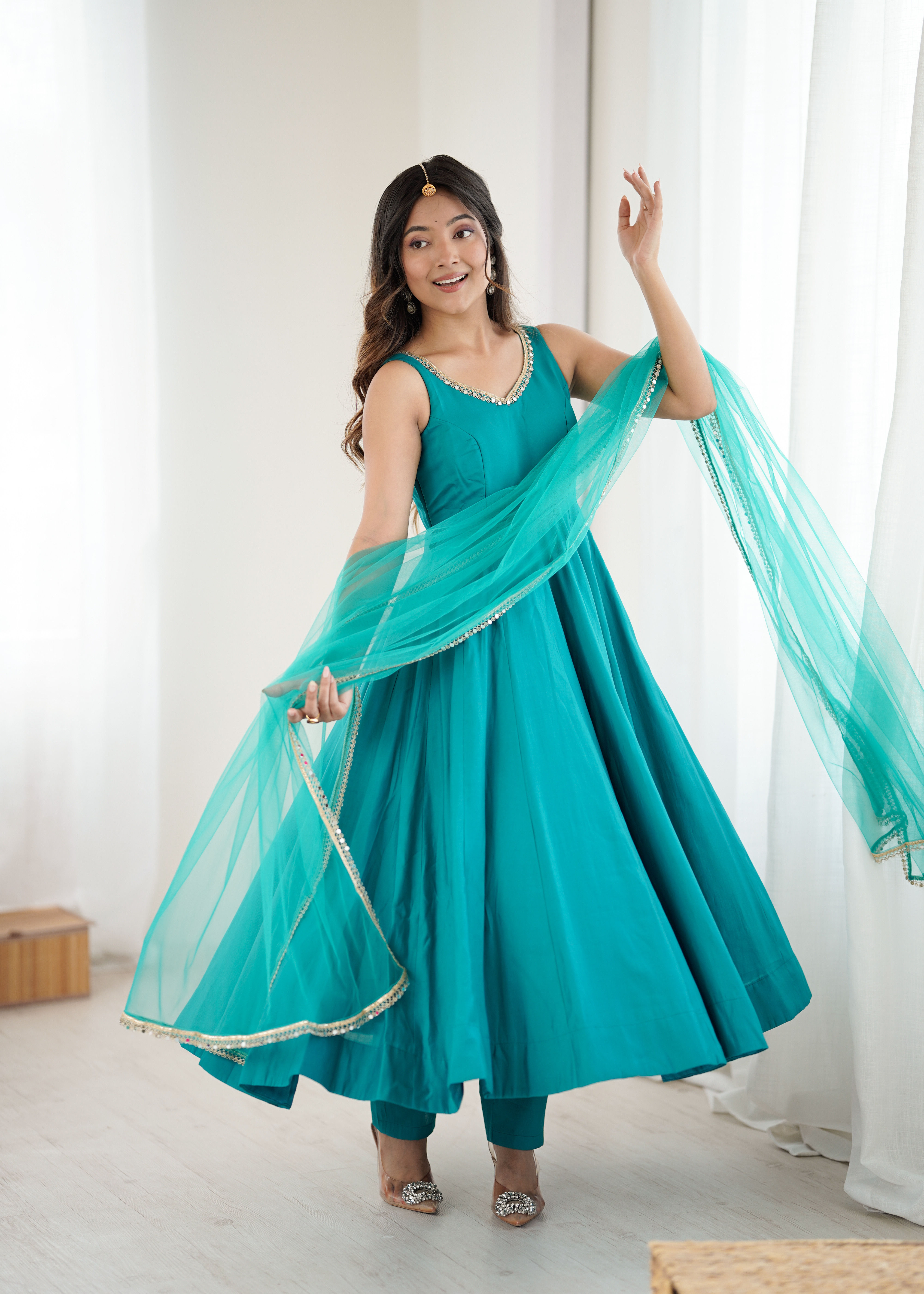 Dreamy Sky Blue Color Roman Silk Wear Three Piece Anarkali Gown