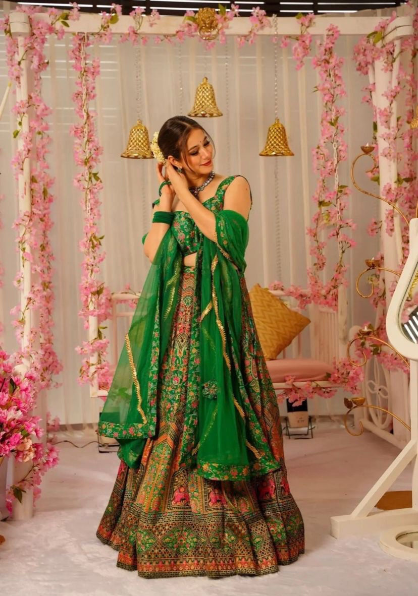 Green Color Jimmy Organza Silk Ready To Wear Lehenga Choli For Function