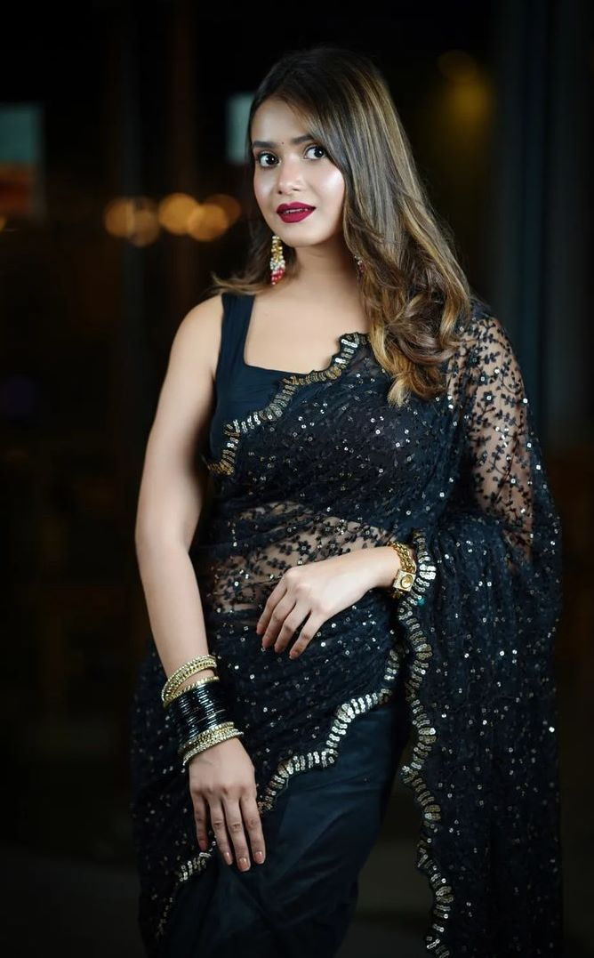 Thumbnail: Party Wear Black Color Soft Net With Sequence n Embroidery Work Saree