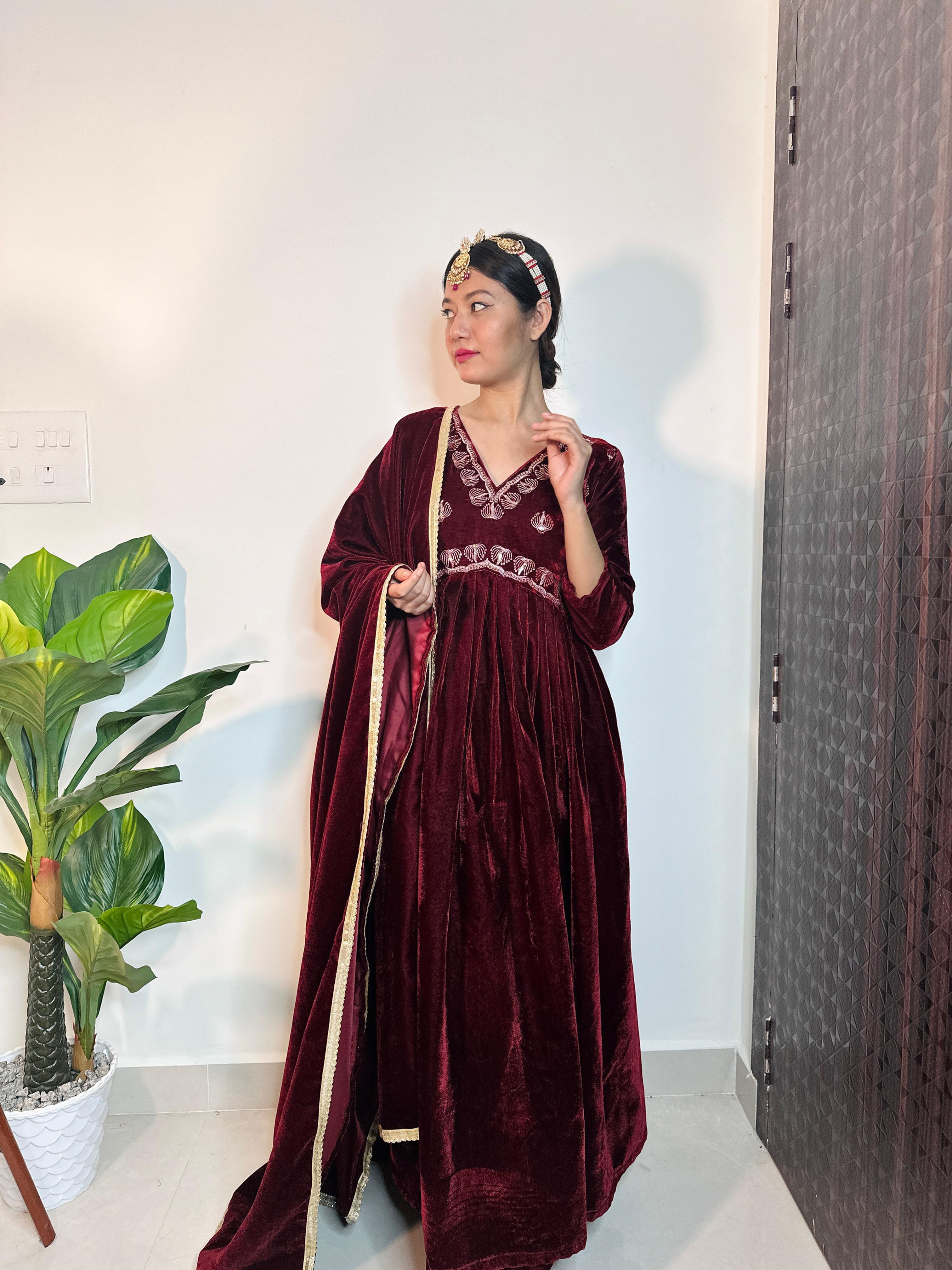 Designer Maroon Colour Velvet With Thread Work Suit