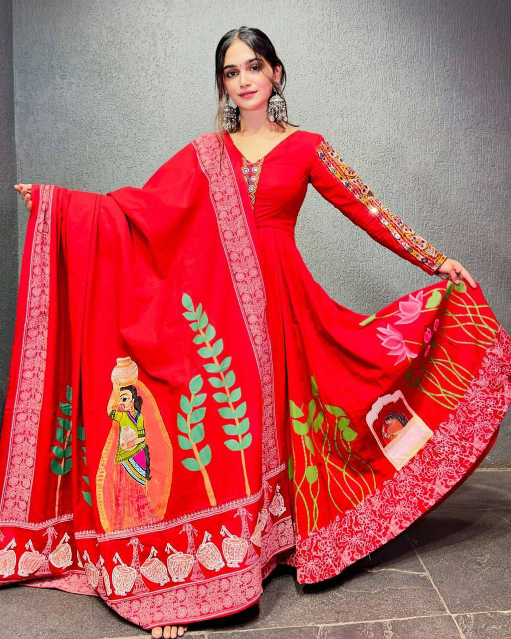 Attractive Red Colour Reyon Digital Printed With Real Mirror Work Gown