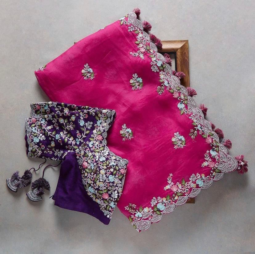 Designer Pink Colour Heavy Sequence And Embroidery Work Organza Silk Saree