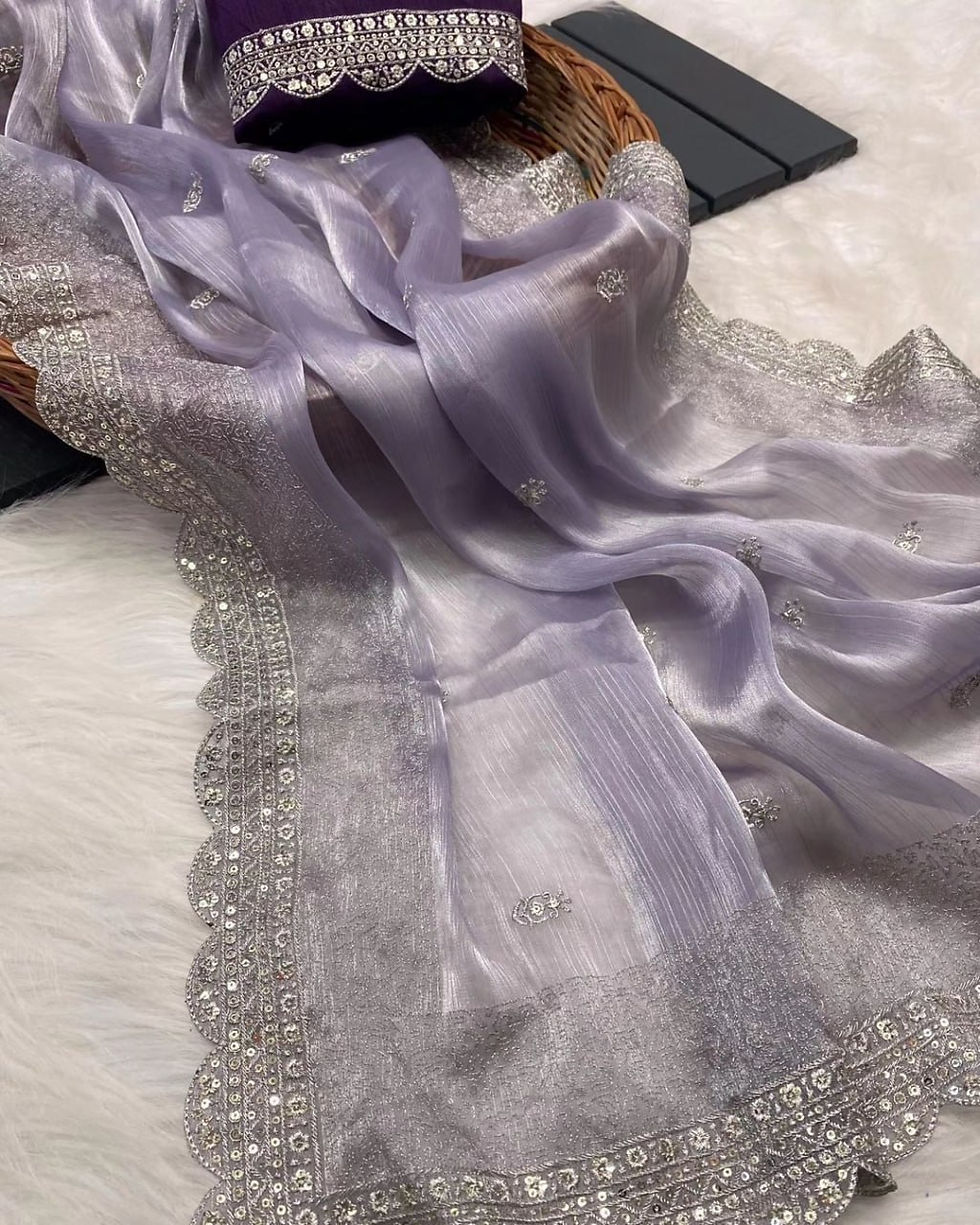 Gray Colour Zimmy Choo Silk Embroidery With Sequence Work Party Wear Saree