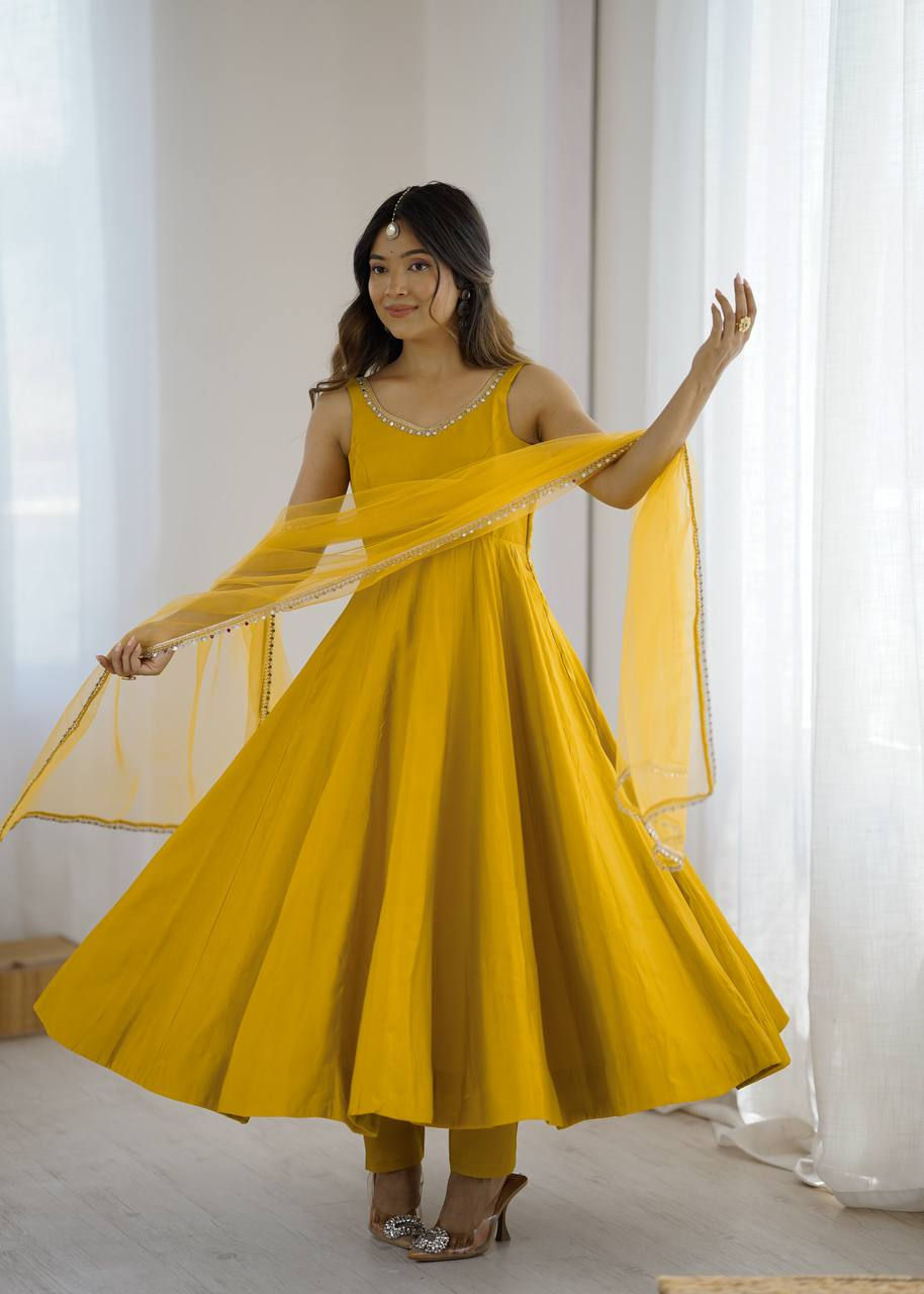 Groovy Georgette With Sequence Work Yellow Color Gown