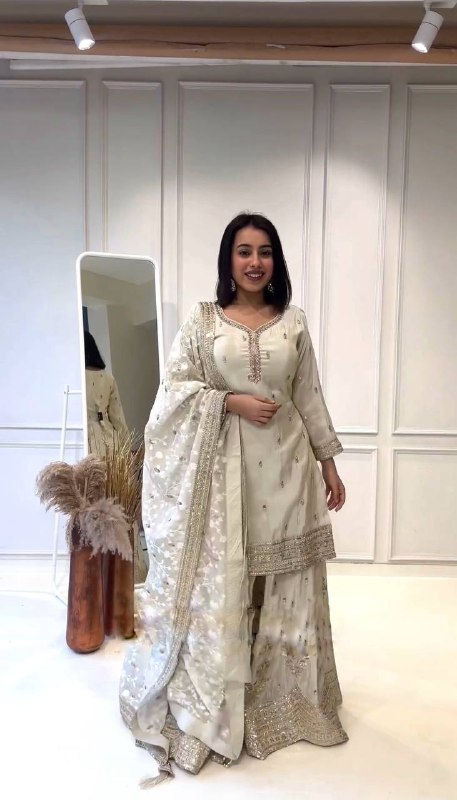 Classic Looking White Colour Embroidery With Sequence Work Sharara Suit