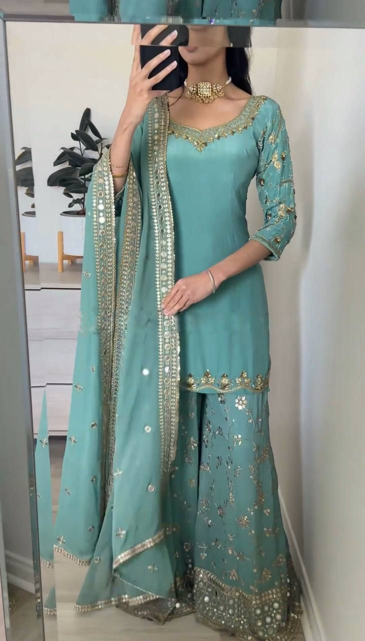 Beautiful Blue Colour Sequence With Embroidery Work Sharara Suit