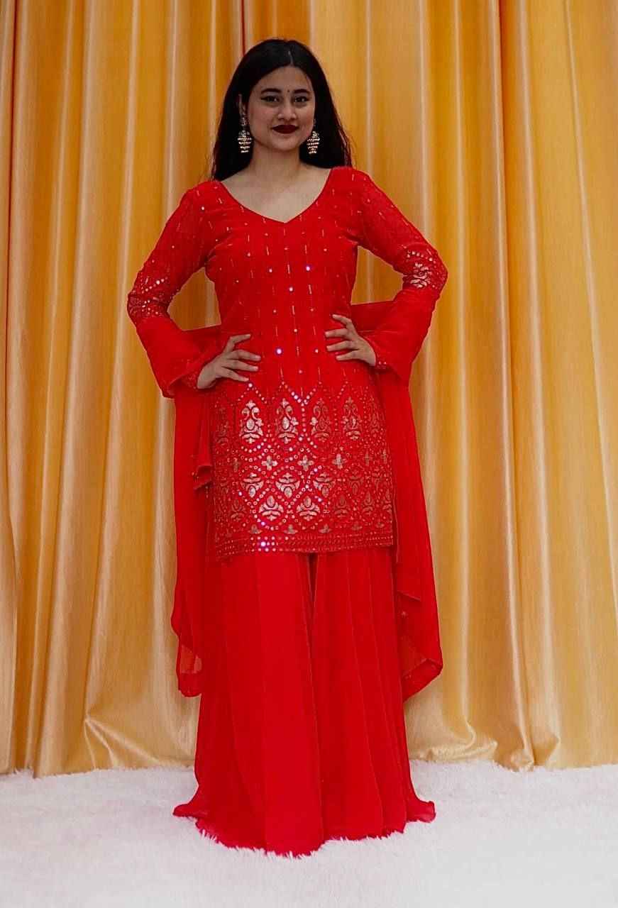 red plazo suit