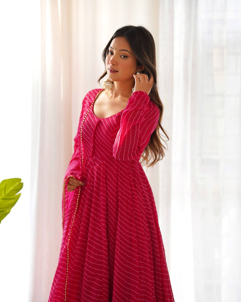 Pink Color Laheria Printed Anarkali Suit With Dupatta