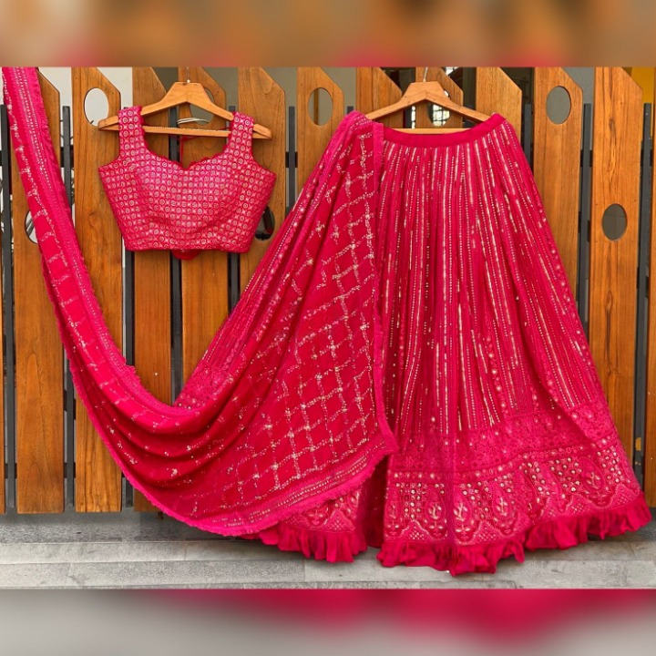 Pink Colour Sequence And Embroidery Work Wedding Wear Lehenga Choli