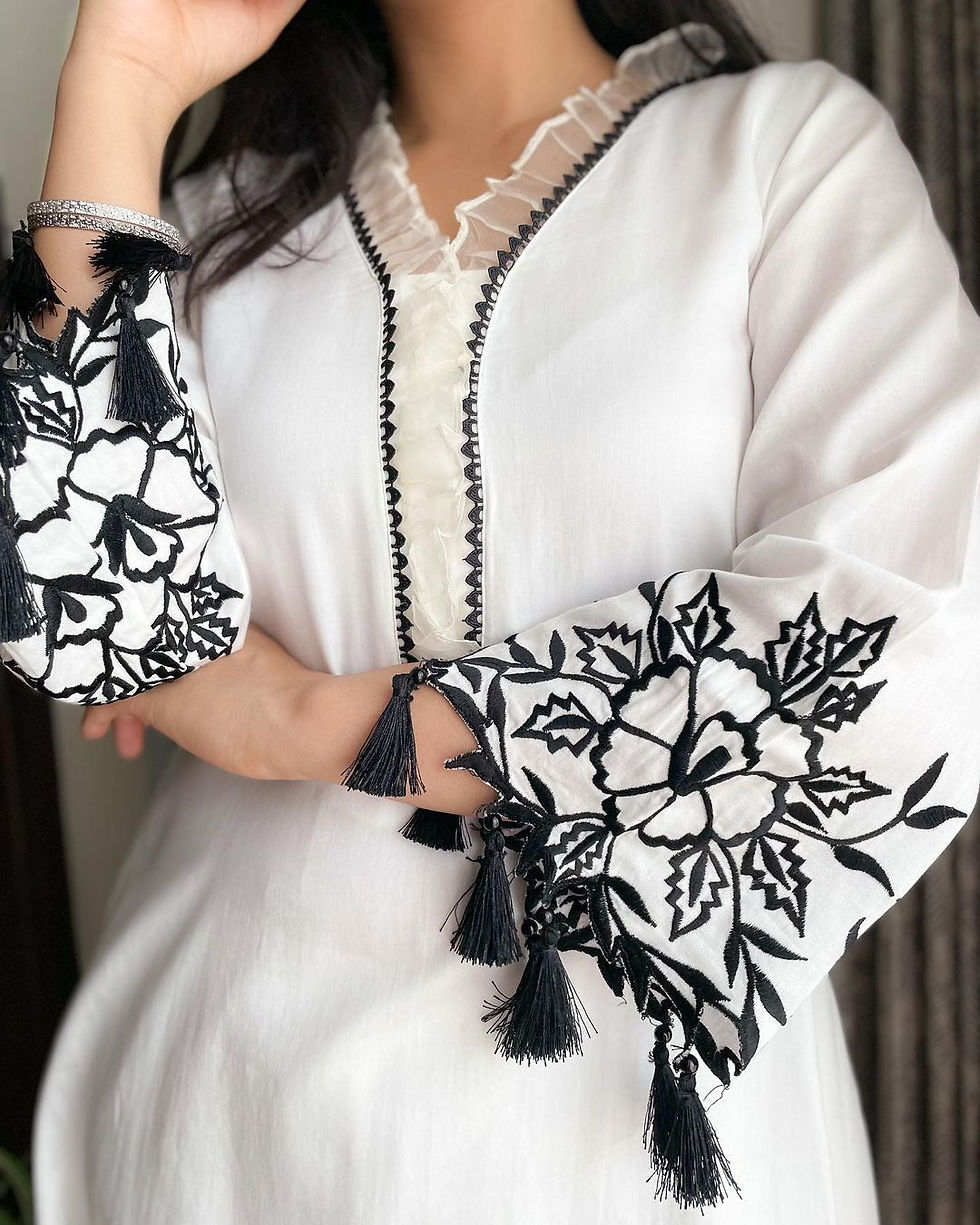 Beautiful White Colour Fiona Silk Embroidery Work Top And Pent