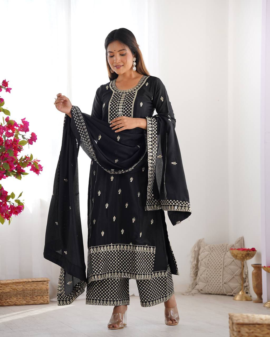 Stylish Black Color Chinon Silk With Embroidery Work Suit