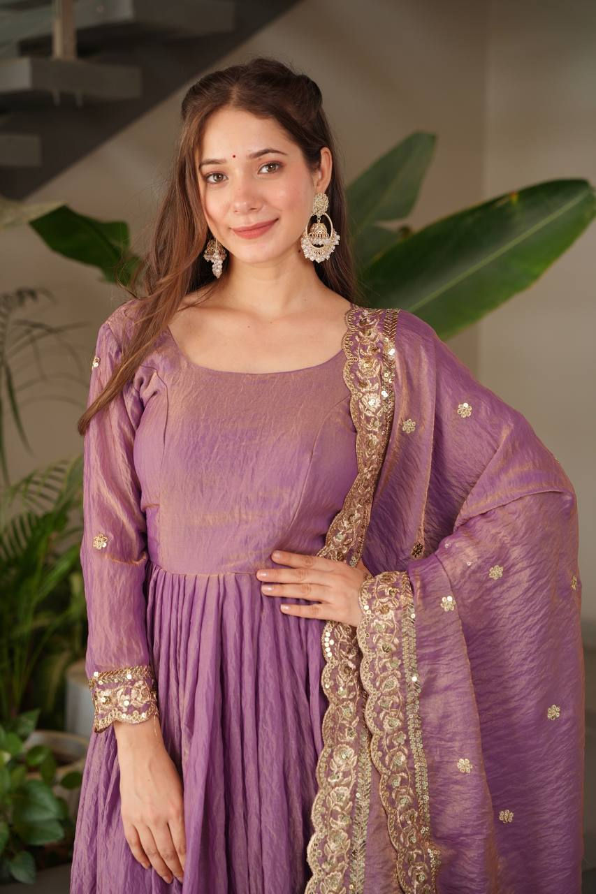 Thumbnail: Levender Colour Sequence With Embroidery Work Long Gown With Dupatta
